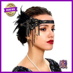 Vintage Flapper Headband Rhinestone Feather Headdress Gatsby Party Hair